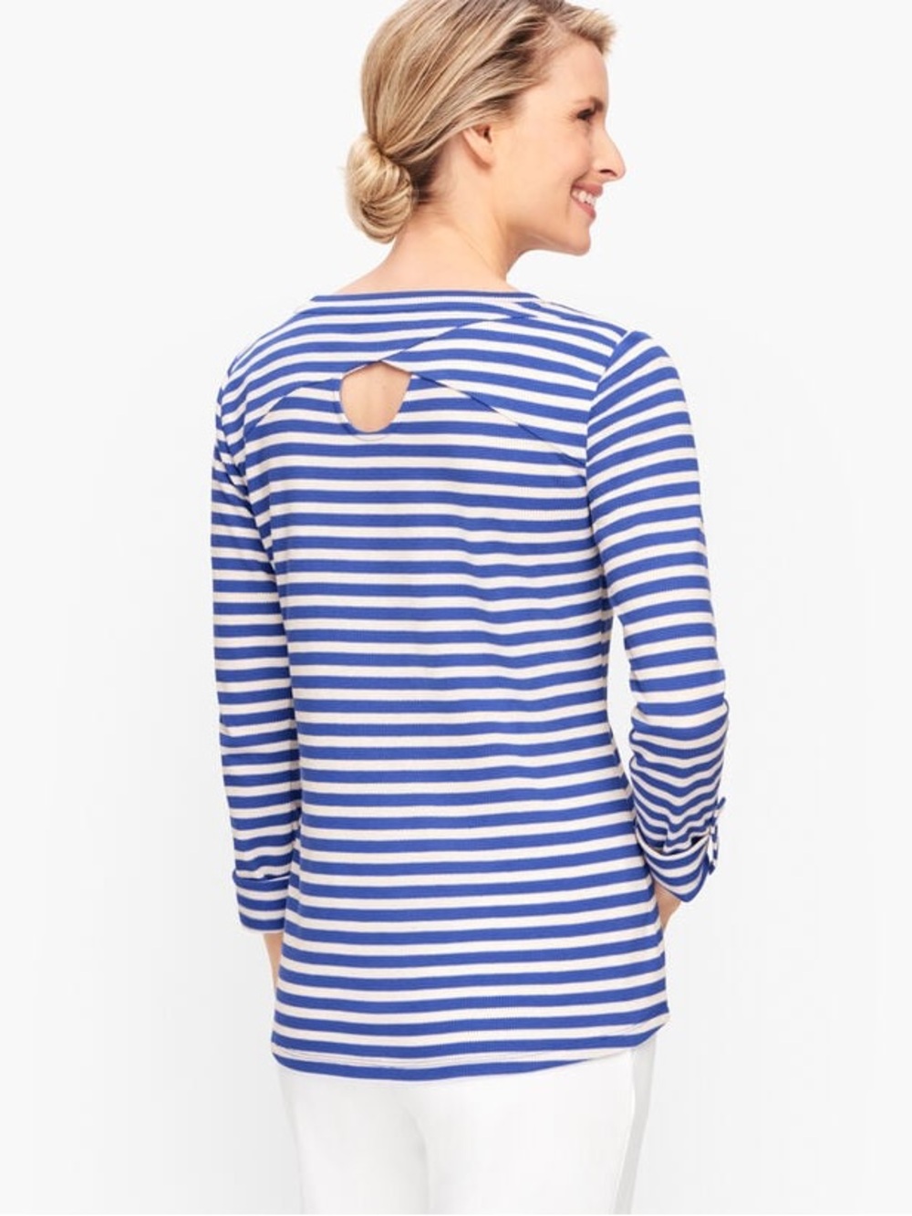 ✨T by Talbots Women’s Pique Roll Cuff Top Blue & White Striped Size 2x